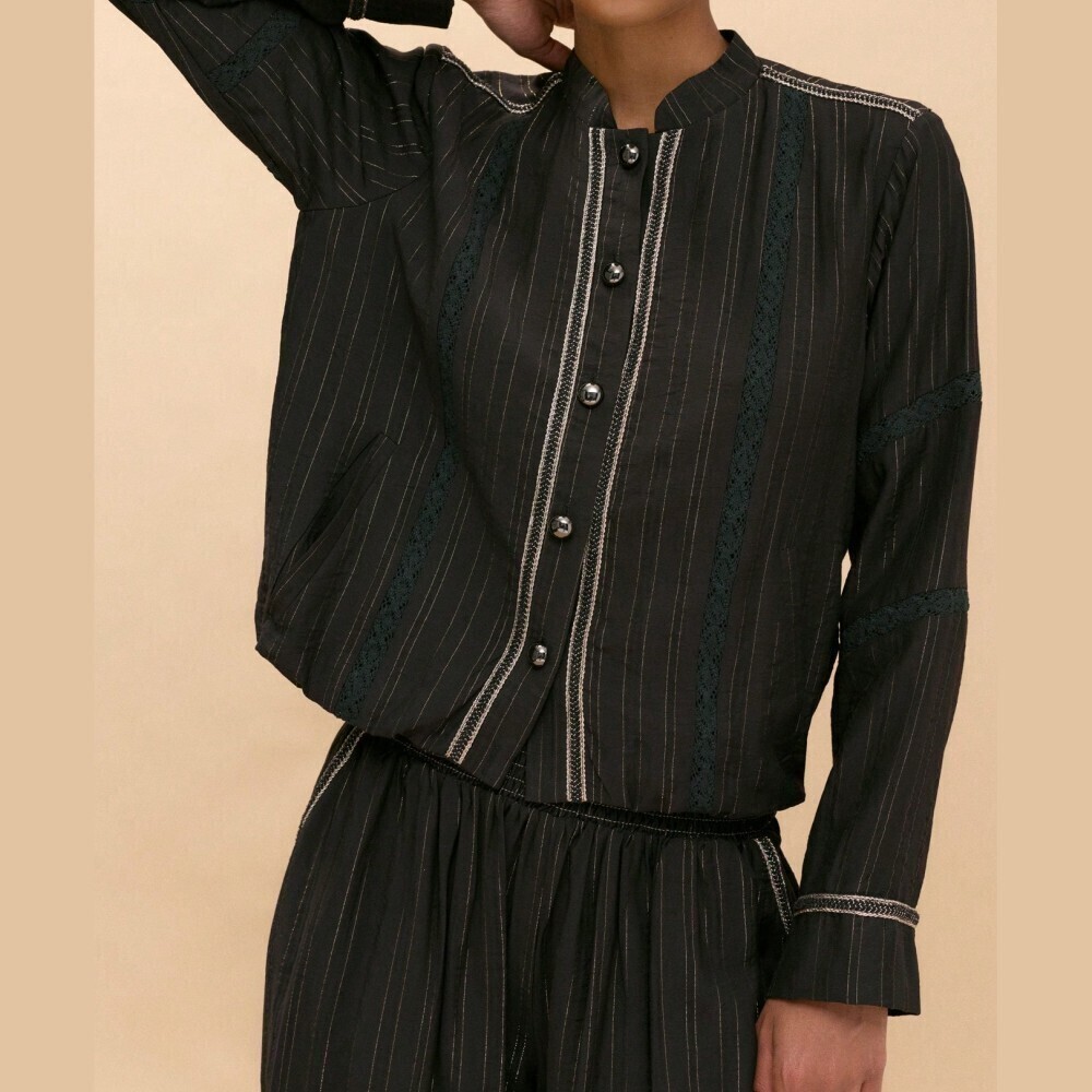 Black / Gold Pinstripe Crochet Lace Trim Stand Collar Long Sleeve Blouse